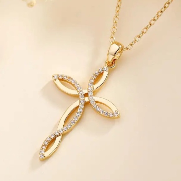 Jewelry - Diamond Twisted Gold Toned Cross Necklace